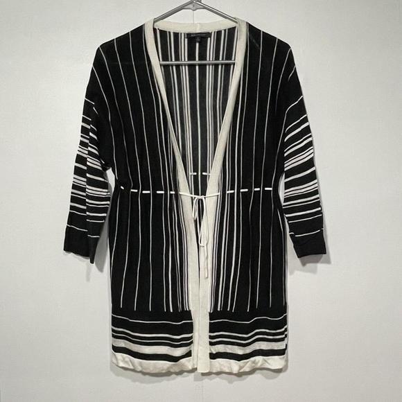 Anne Klein Cardigan Size Small Black Beige stripes drawstring waist 3/4 sleeves - Picture 1 of 13